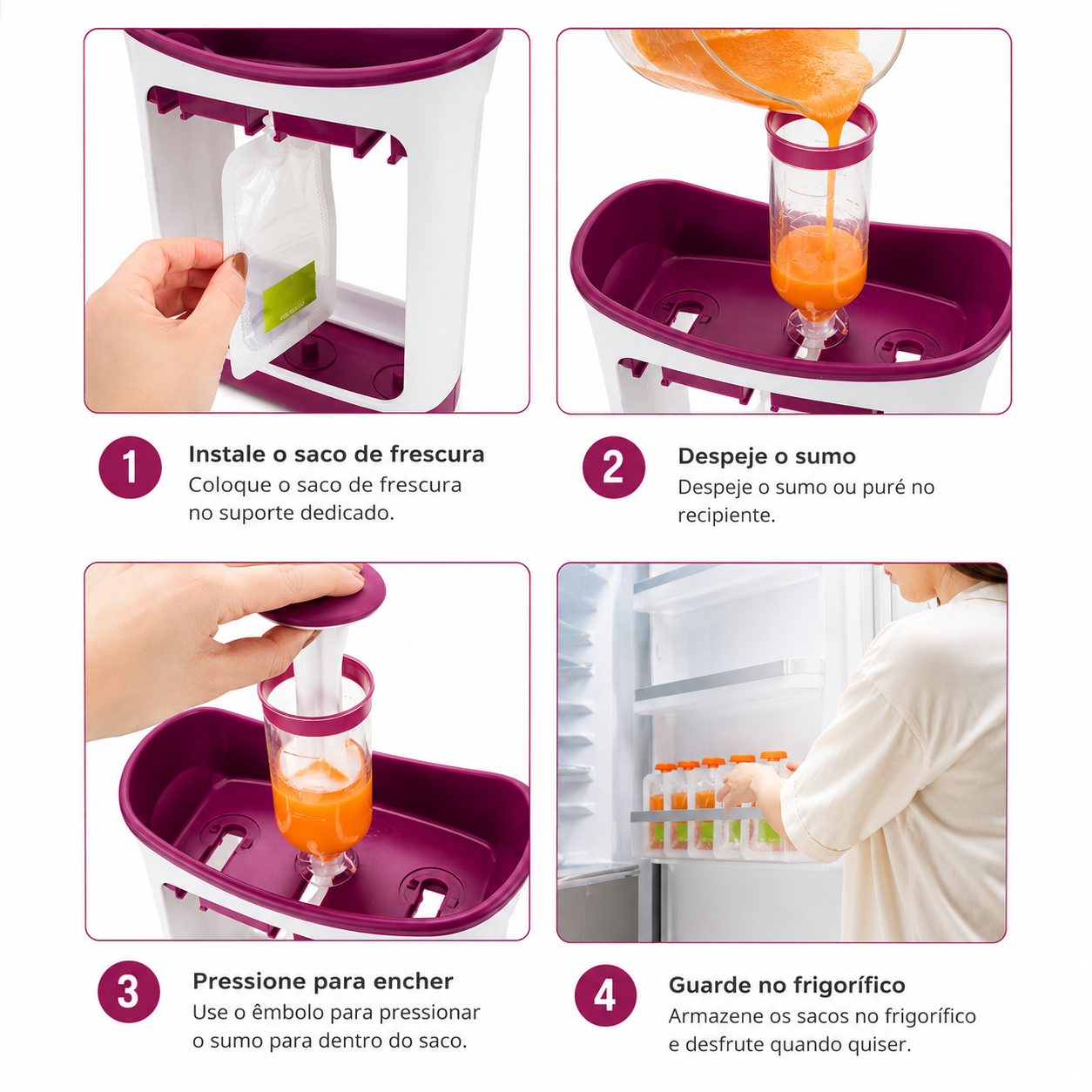 Estação de Papas e Purés para Bebé – Dispensador + 10 Sacos Reutilizáveis
