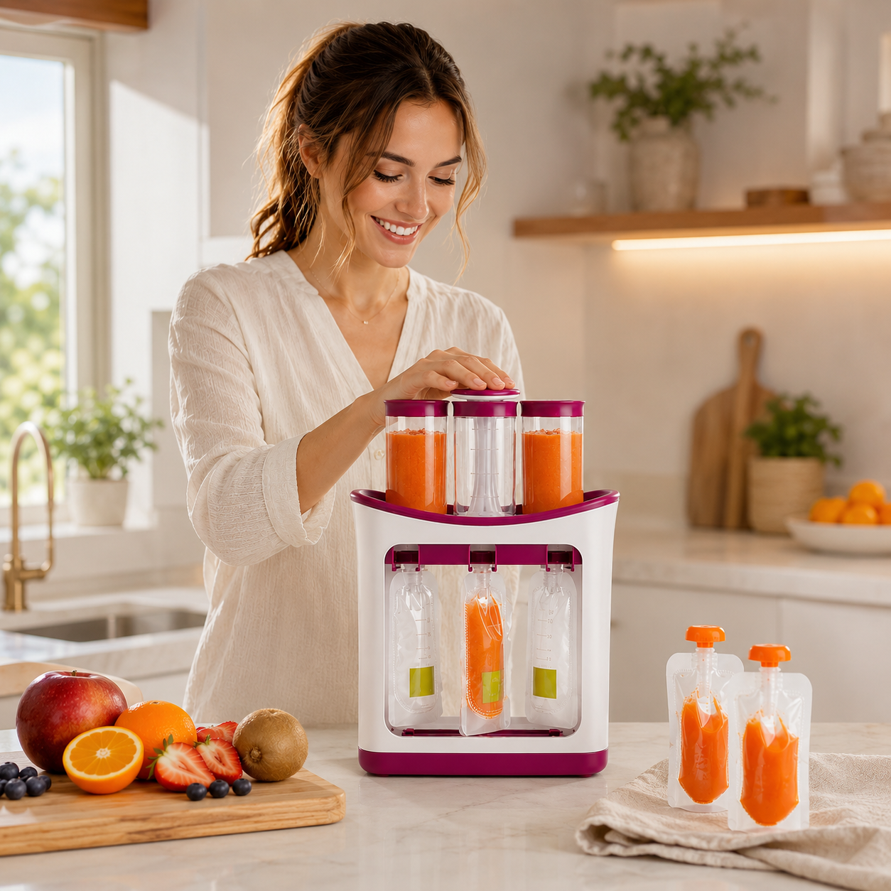 Estação de Papas e Purés para Bebé – Dispensador + 10 Sacos Reutilizáveis
