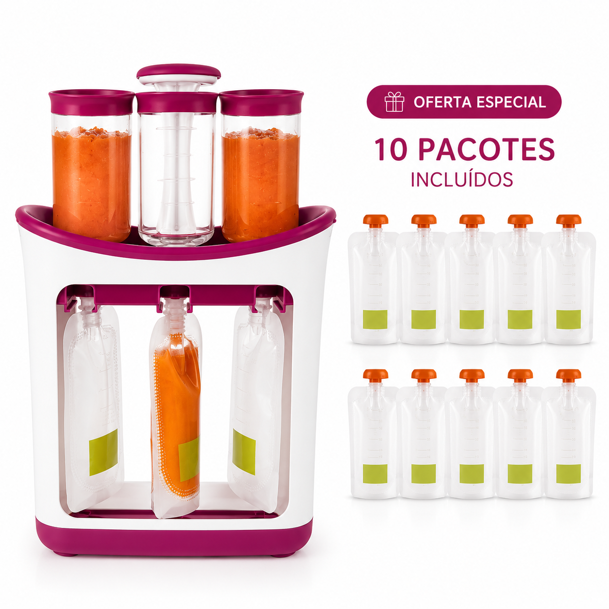 Estação de Papas e Purés para Bebé – Dispensador + 10 Sacos Reutilizáveis