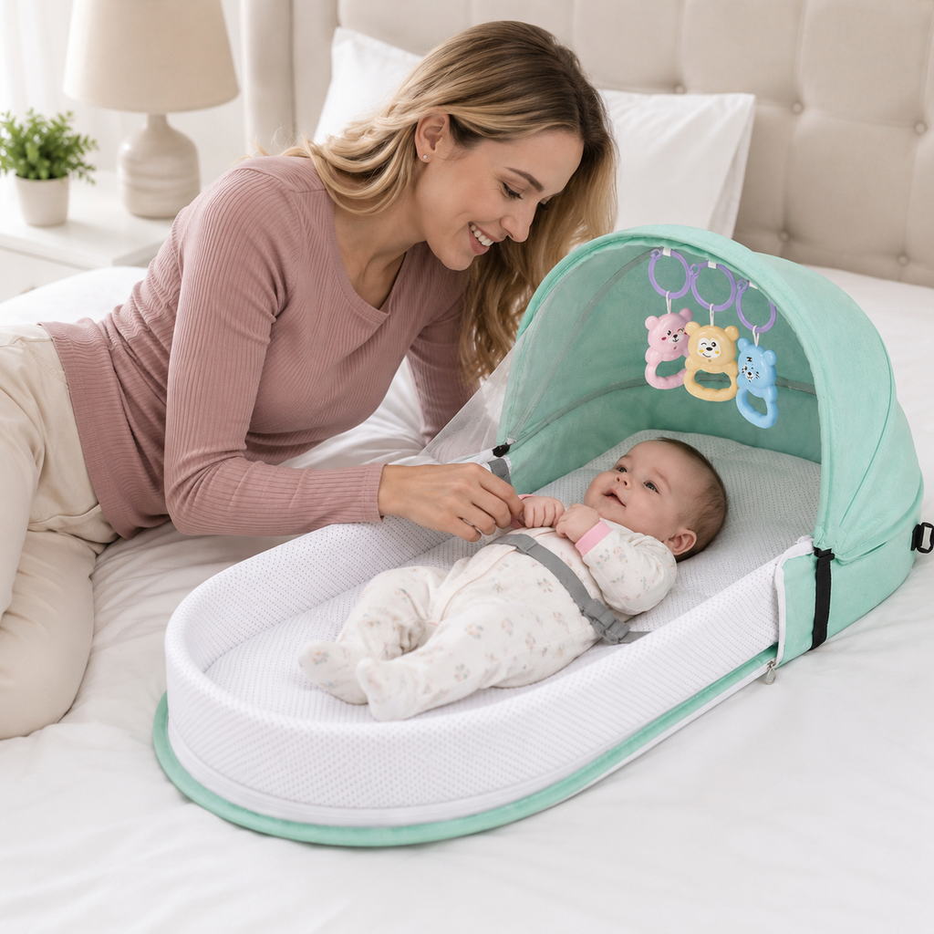 Ninho de viagem para bebés com rede e dobrável