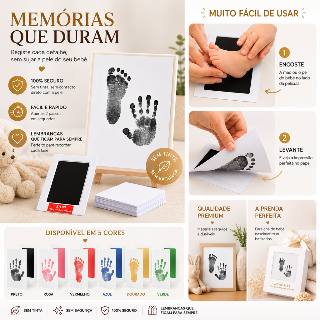 Quadro de Memórias do Bebé – Kit Carimbo Pegada e Mãozinha "Toque Limpo"