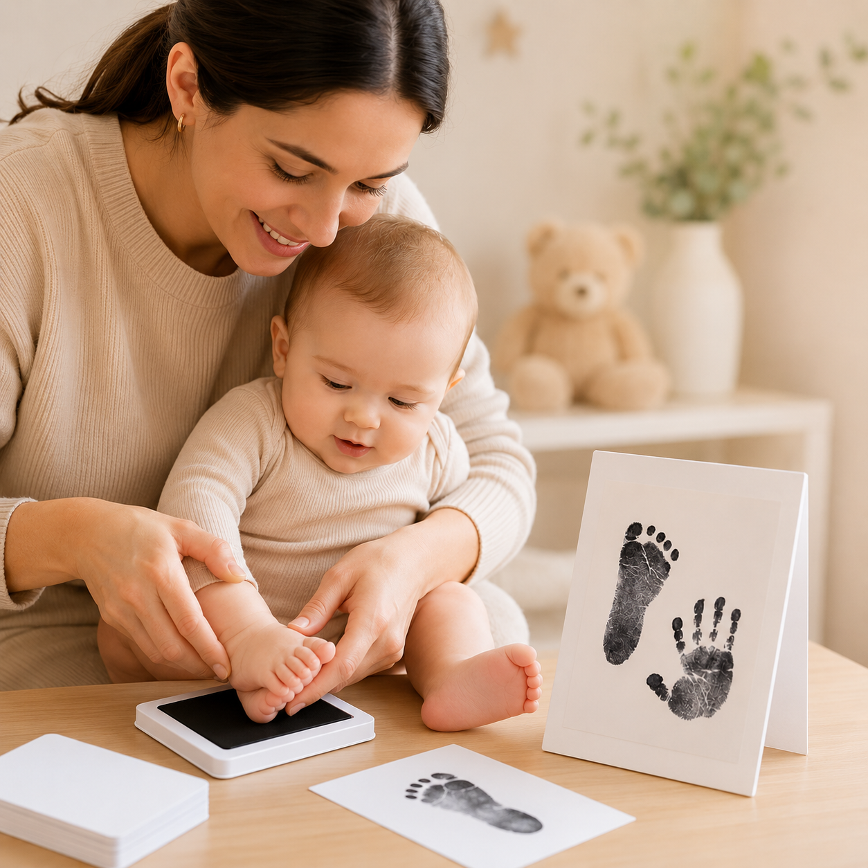 Quadro de Memórias do Bebé – Kit Carimbo Pegada e Mãozinha "Toque Limpo"