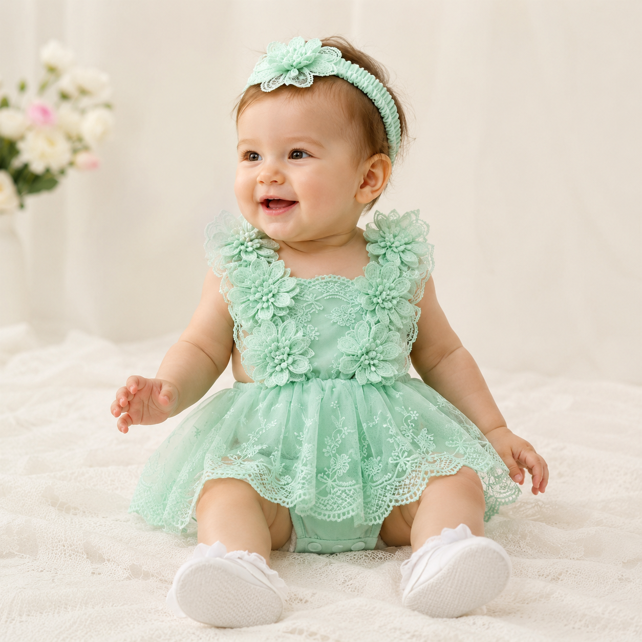 Conjunto Romper de Bebé em Renda com Faixa Floral