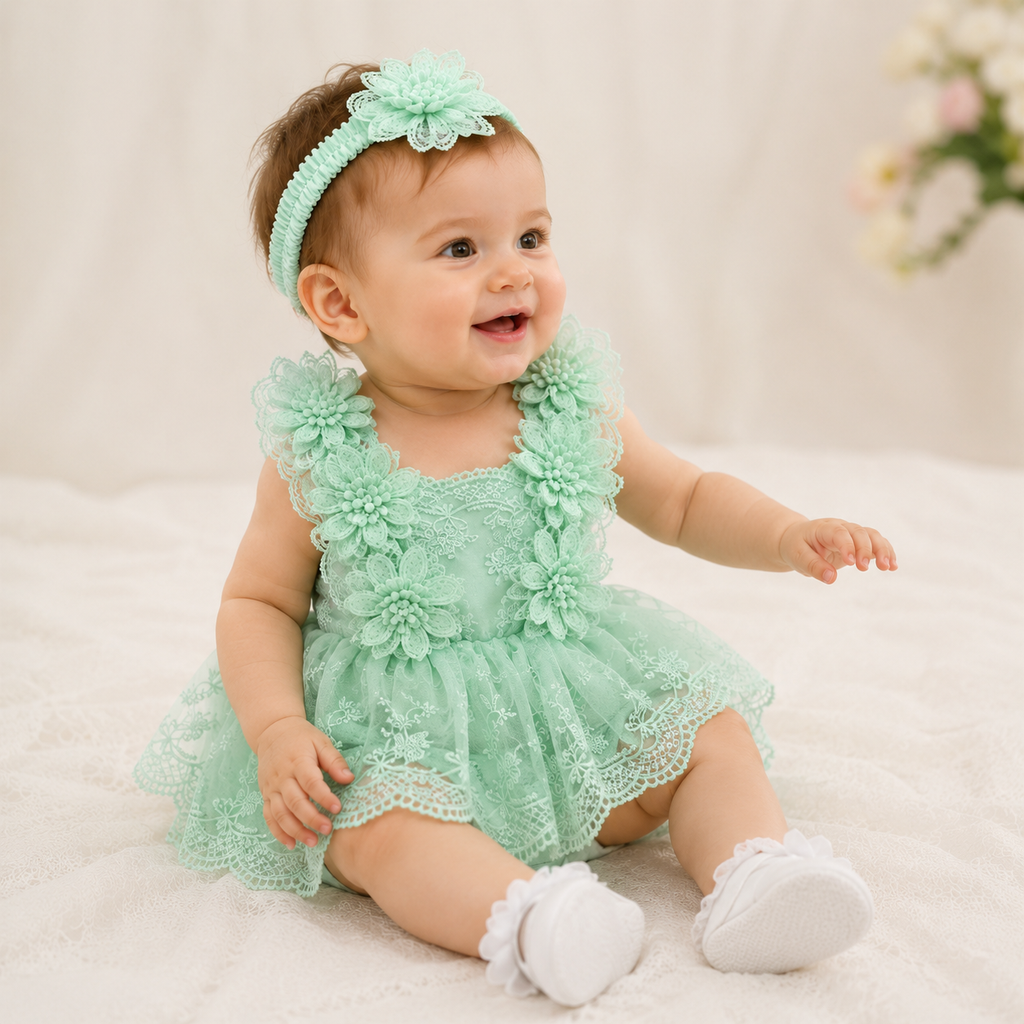 Conjunto Romper de Bebé em Renda com Faixa Floral