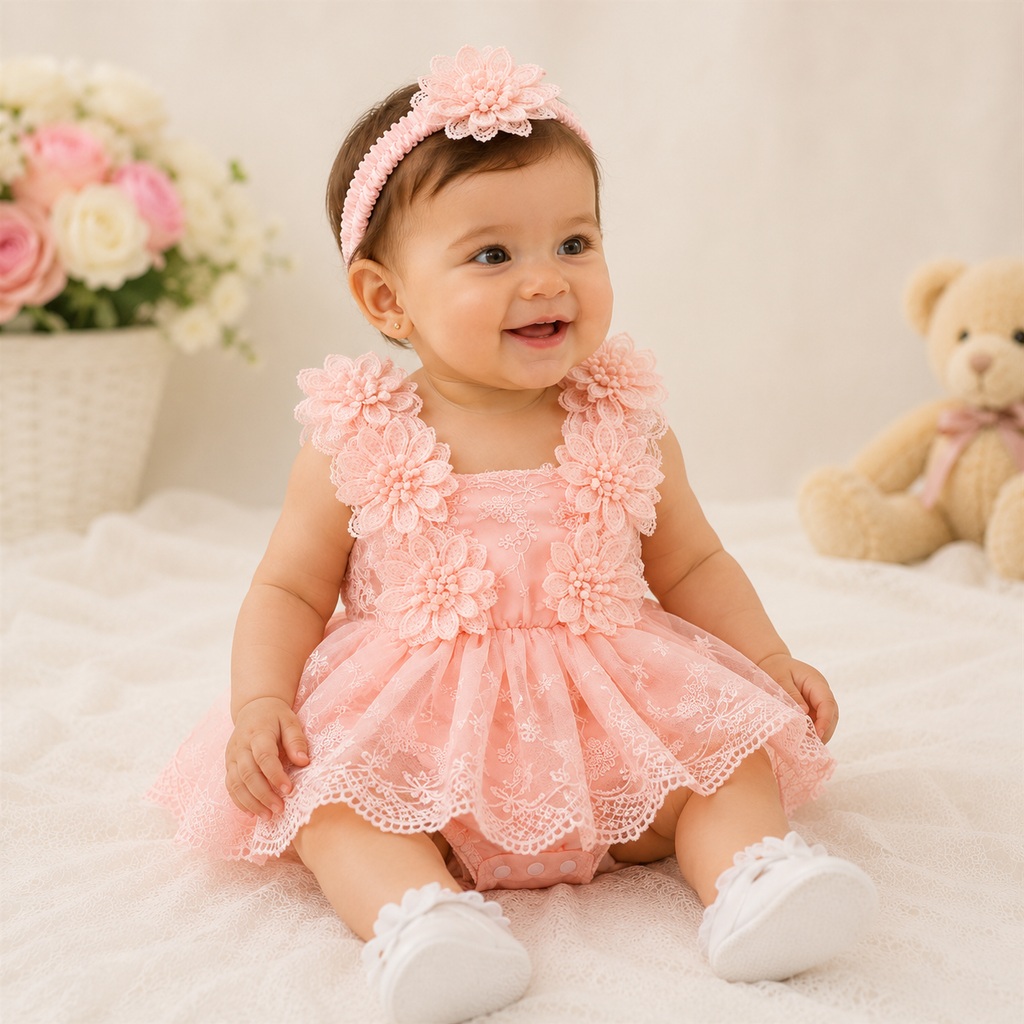 Conjunto Romper de Bebé em Renda com Faixa Floral