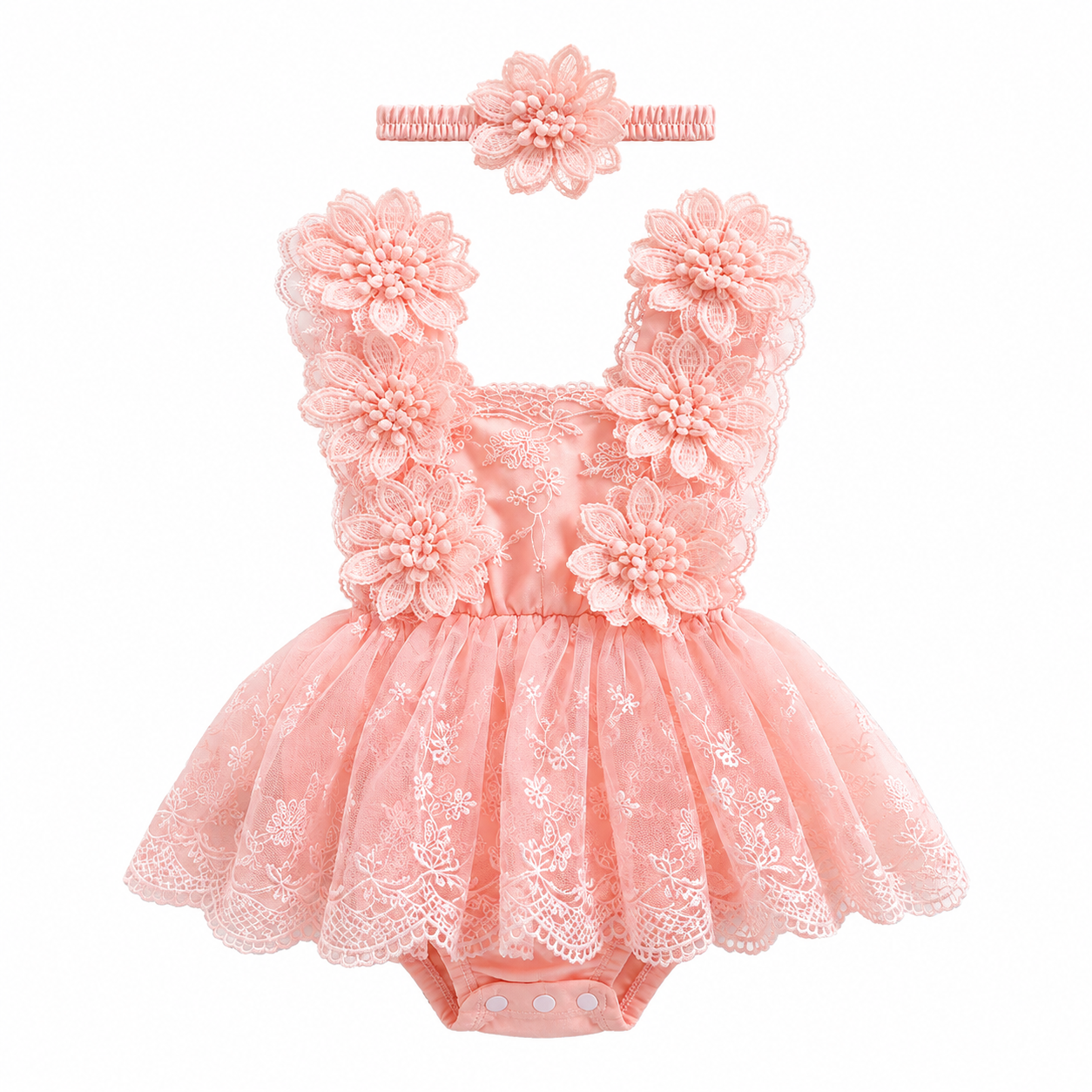 Conjunto Romper de Bebé en Encaje con Diadema Floral