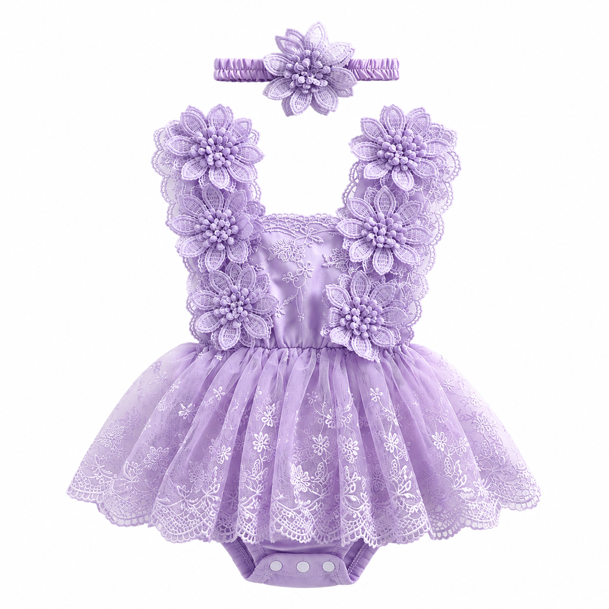 Conjunto Romper de Bebé en Encaje con Diadema Floral