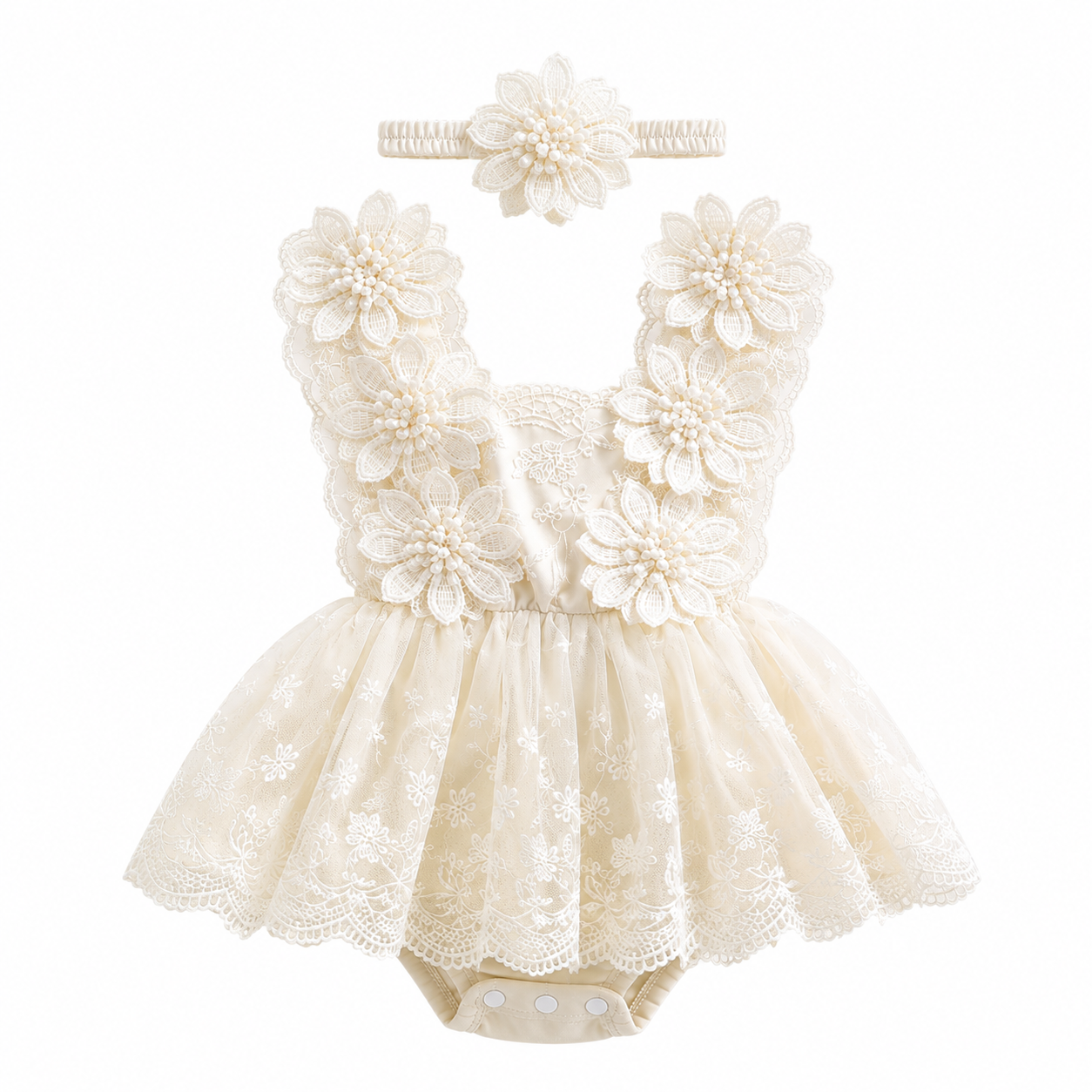 Conjunto Romper de Bebé en Encaje con Diadema Floral