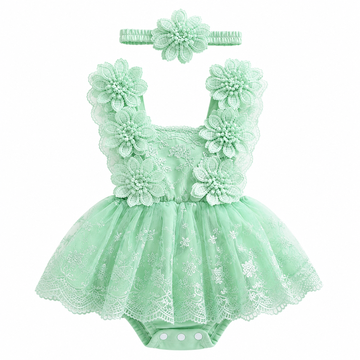 Conjunto Romper de Bebé em Renda com Faixa Floral