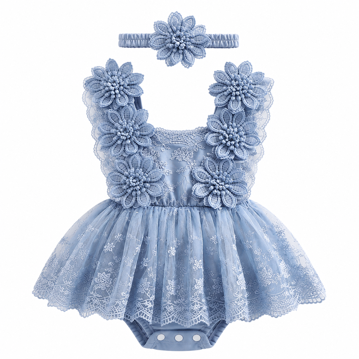 Conjunto Romper de Bebé en Encaje con Diadema Floral