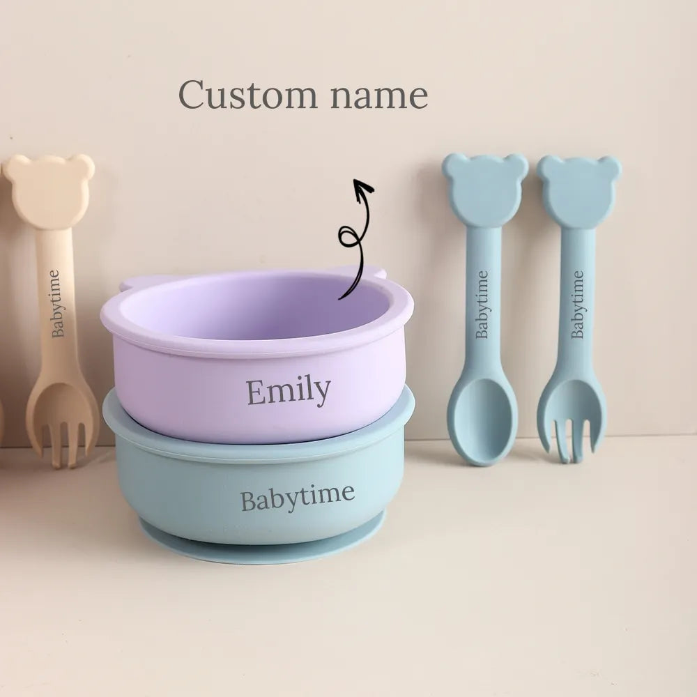 Tigela de silicone com nome e formato de urso