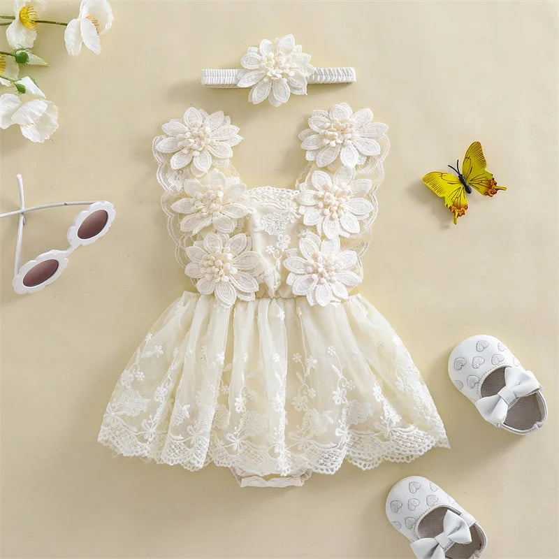 Conjunto Romper de Bebé em Renda com Faixa Floral