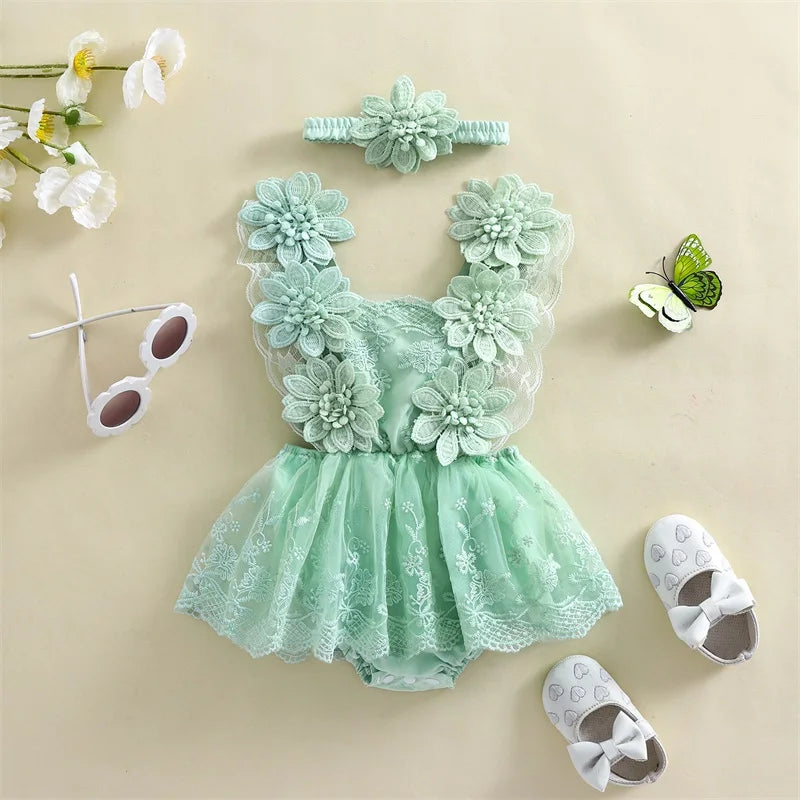 Conjunto Romper de Bebé em Renda com Faixa Floral