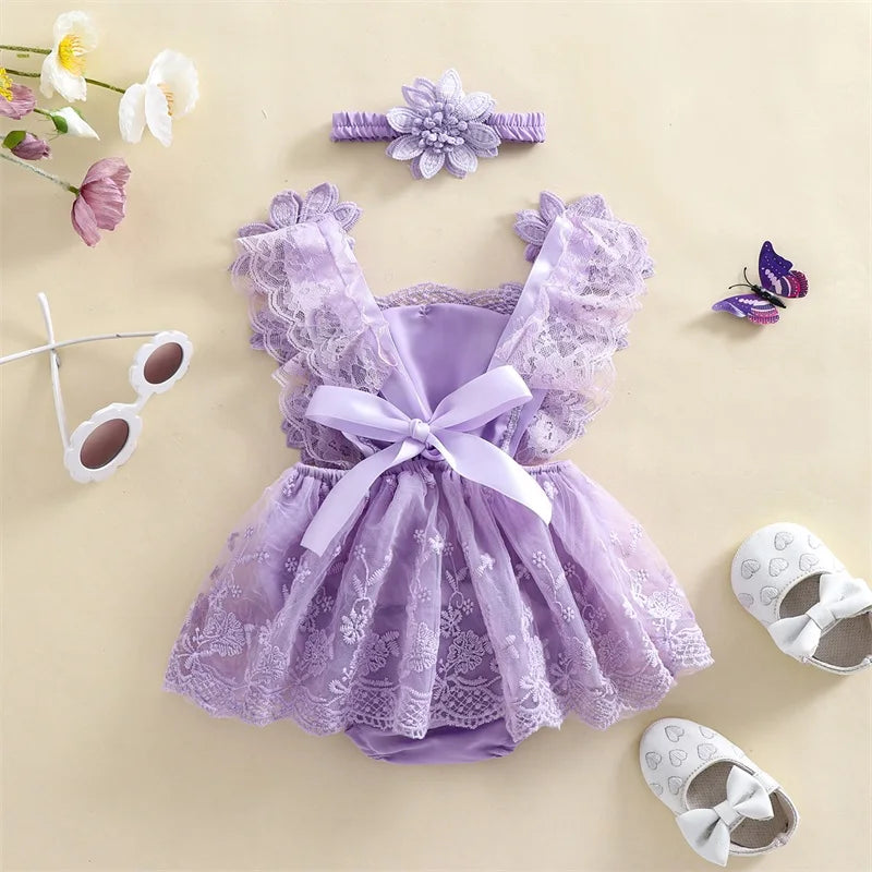 Conjunto Romper de Bebé em Renda com Faixa Floral
