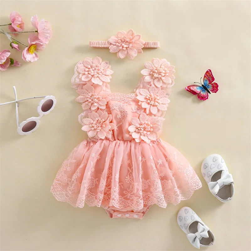 Conjunto Romper de Bebé em Renda com Faixa Floral