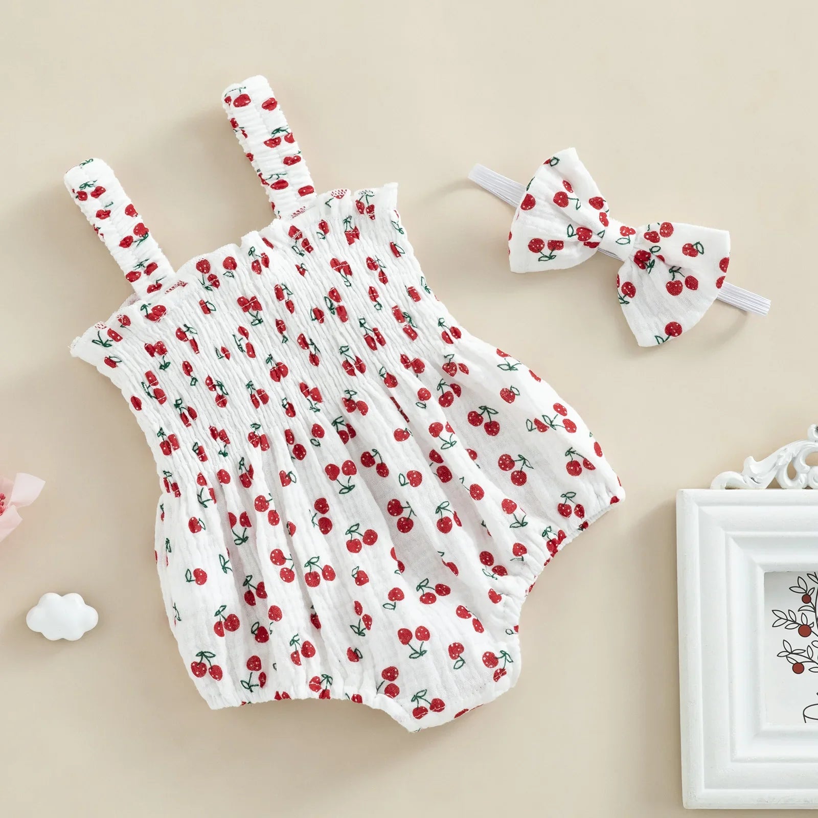 Conjunto Romper e Fita de Cabelo Gaze de Algodão Cherry Summer – Aylla & Co.