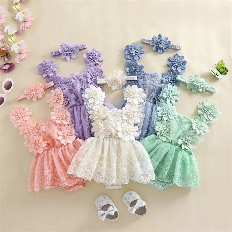 Conjunto Romper de Bebé em Renda com Faixa Floral