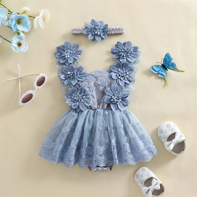 Conjunto Romper de Bebé em Renda com Faixa Floral